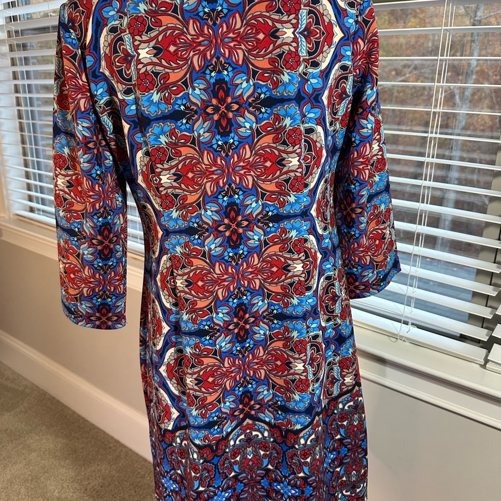 London Times Vibrant Red and Blue Long Sleeve Dress